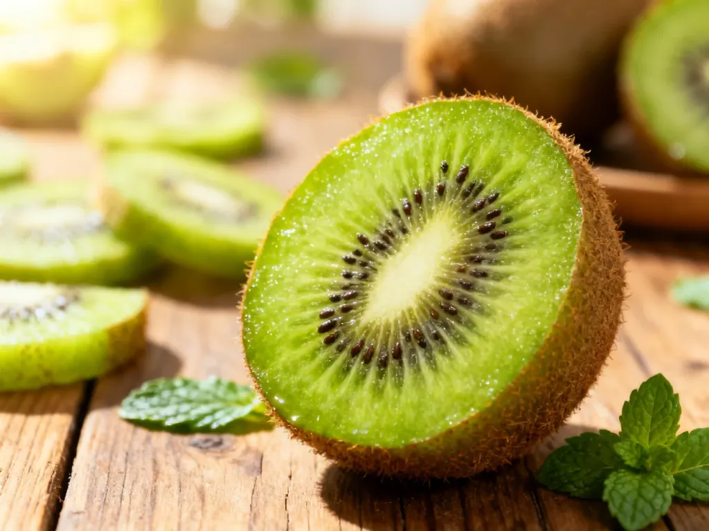 Przekrojone, soczyste kiwi z widocznymi pestkami na drewnianym stole w promieniach porannego słońca.