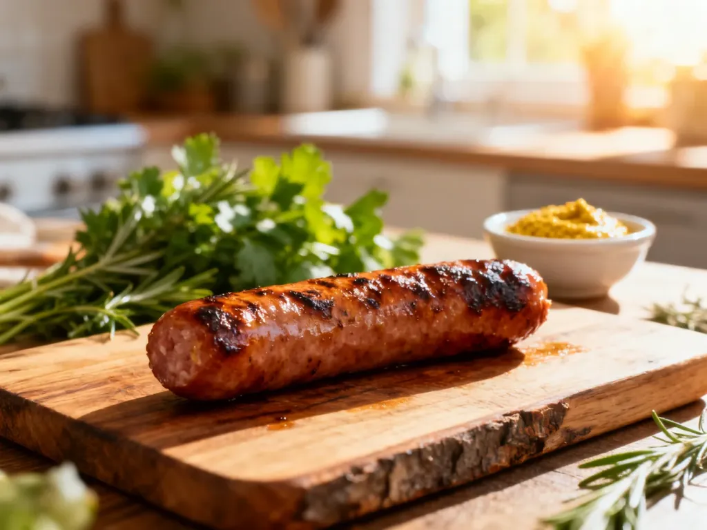 Pojedyncza grillowana parówka na drewnianej desce do krojenia w jasnej, słonecznej kuchni.