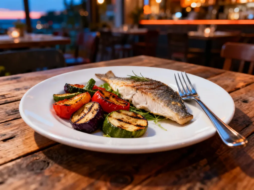 Talerz z grillowaną rybą i warzywami jako przykład prawidłowo skomponowanej porcji posiłku w restauracji.