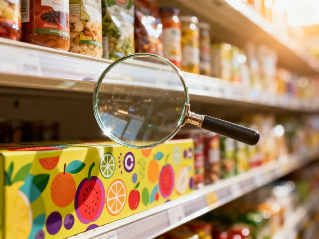 Lupa przybliżająca kolorową etykietę produktu spożywczego, symbolizująca wnikliwą analizę składu podczas zakupów.