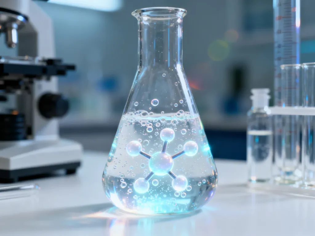 Zlewka z musującym płynem w laboratorium, obrazująca izotopy wykorzystywane w metodzie podwójnie znakowanej wody.