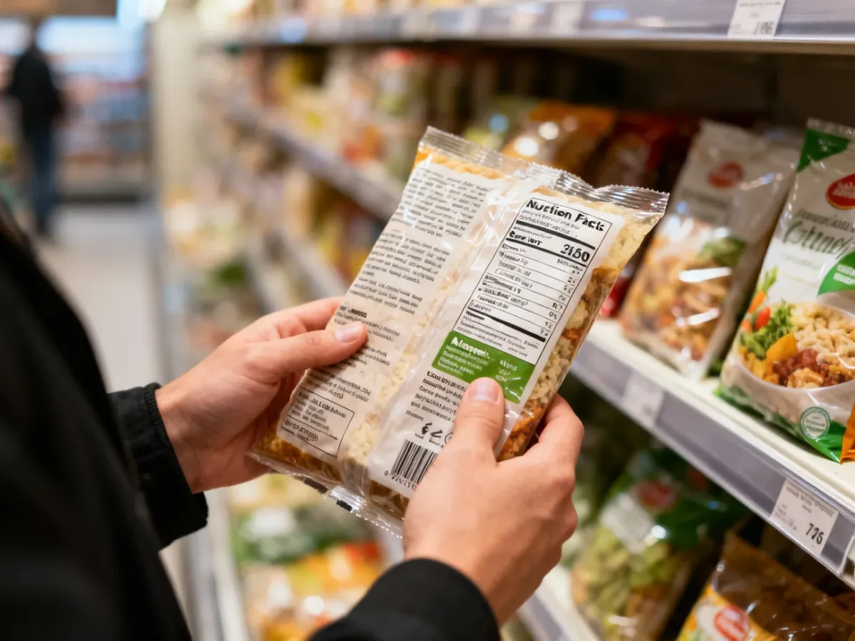 Konsument analizujący etykietę produktu spożywczego w sklepie