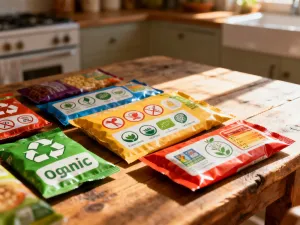 Lupa przybliżająca kolorową etykietę produktu spożywczego, symbolizująca wnikliwą analizę składu podczas zakupów.
