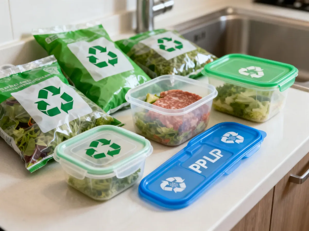 Różne opakowania żywności z symbolami tworzyw sztucznych i recyklingu