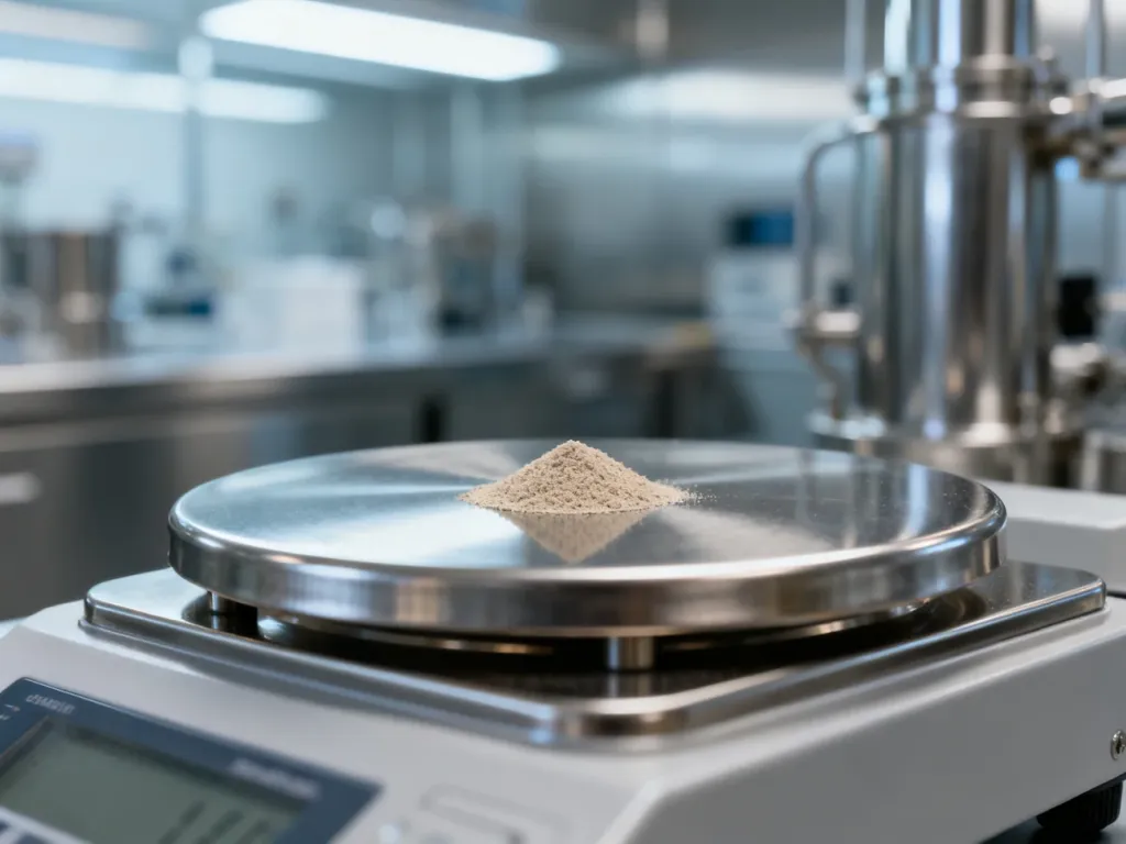 Precyzyjne ważenie składników chemicznych na laboratoryjnej wadze w sterylnym środowisku produkcyjnym.