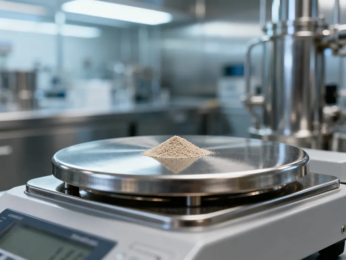 Precyzyjne ważenie składników chemicznych na laboratoryjnej wadze w sterylnym środowisku produkcyjnym.