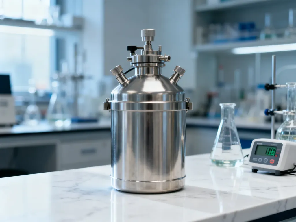 Bomba kalorymetryczna ze stali nierdzewnej na laboratoryjnym stole, gotowa do pomiaru ciepła spalania substancji.